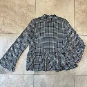 NWOT Topshop Tall Plaid Black and White Peplum Blouse Sz 8